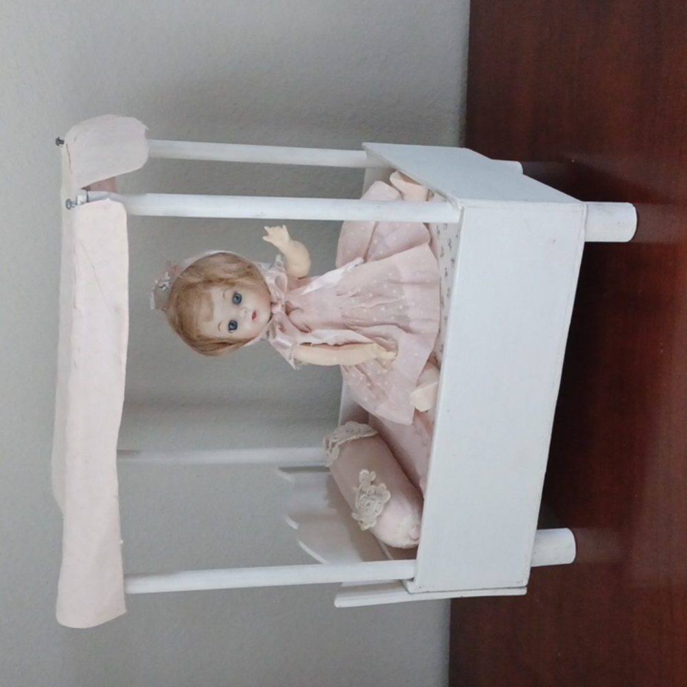 Vintage Handcrafted Doll Bed with Doll - 1940's